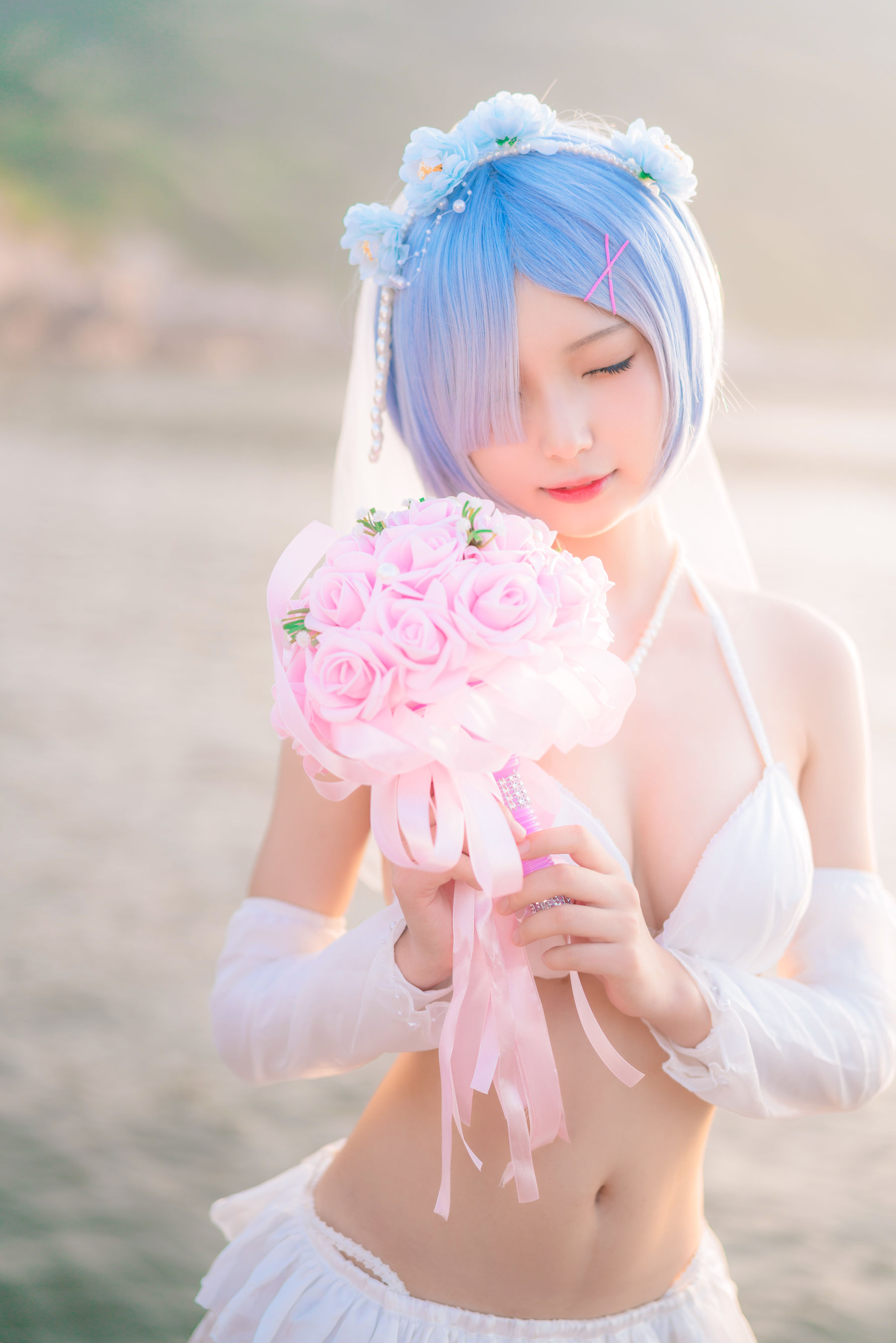 橙子喵 – 蕾姆海边婚纱花嫁 [18P]