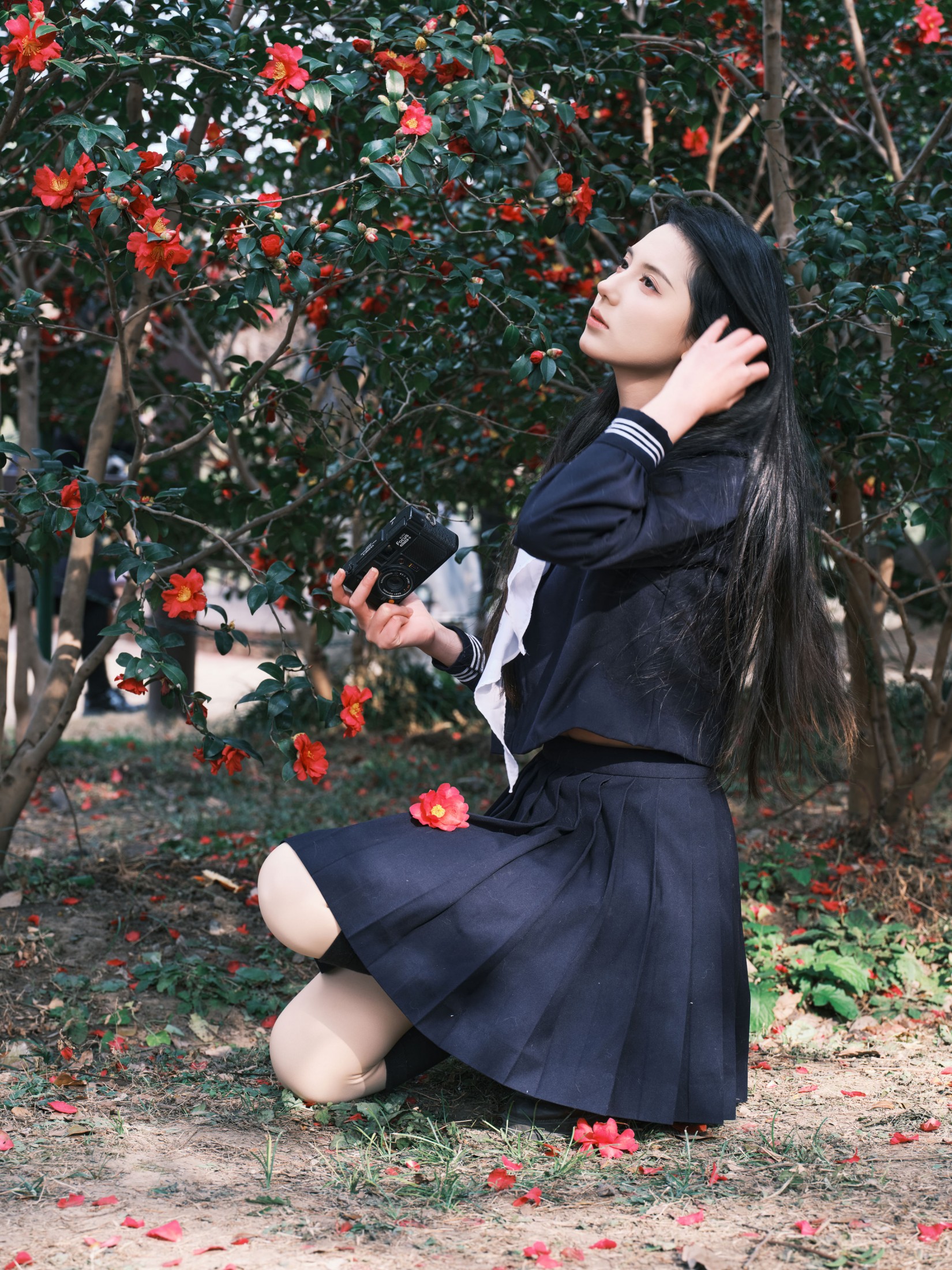 拍山茶花的少女