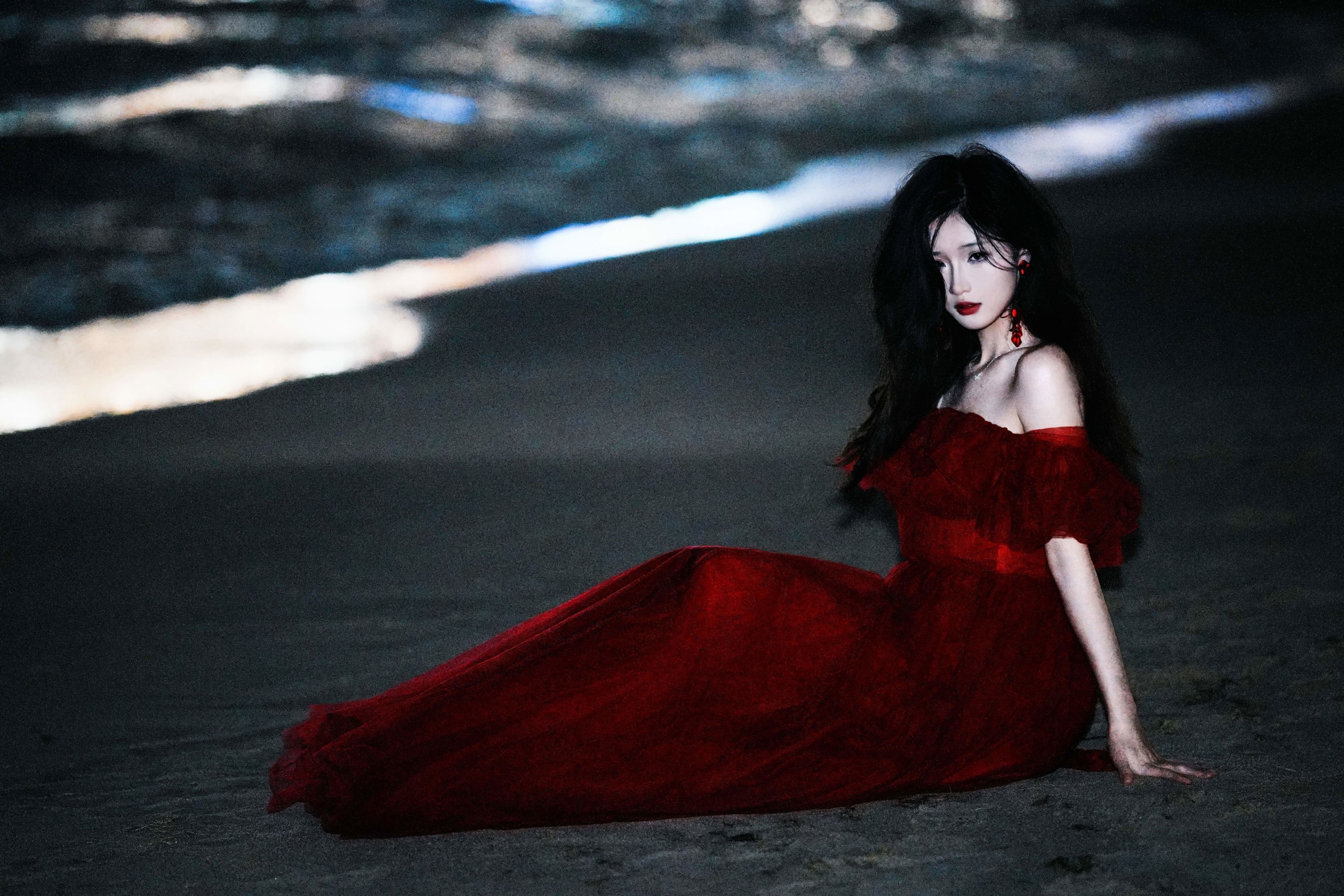 《深夜碧海，红纱美人赴一场海上夜景之约》[12P]